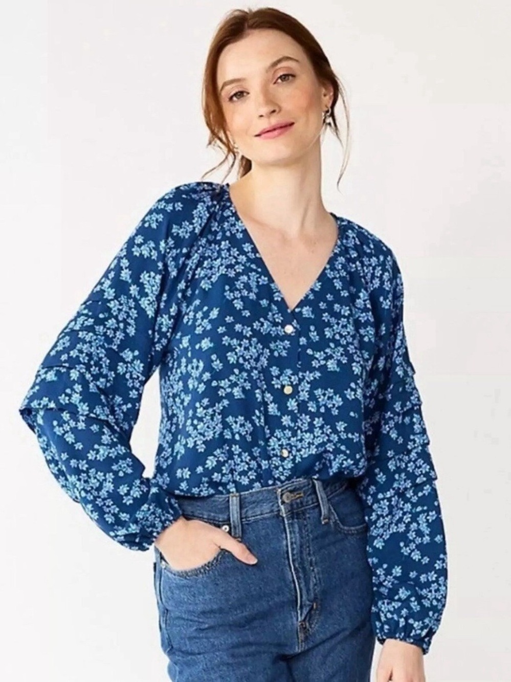 Draper James RSVP M Blue Floral Blouse V-Neck Button Front Puff Ruffle Sleeve
